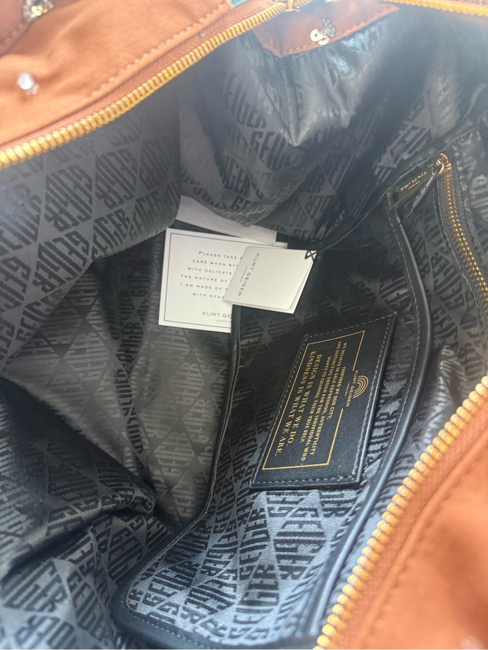 Kurt Geiger Hoxton Shopper Tote Brownwith Dark Green Trim and Gold Chain Handles - Picture 12 of 14